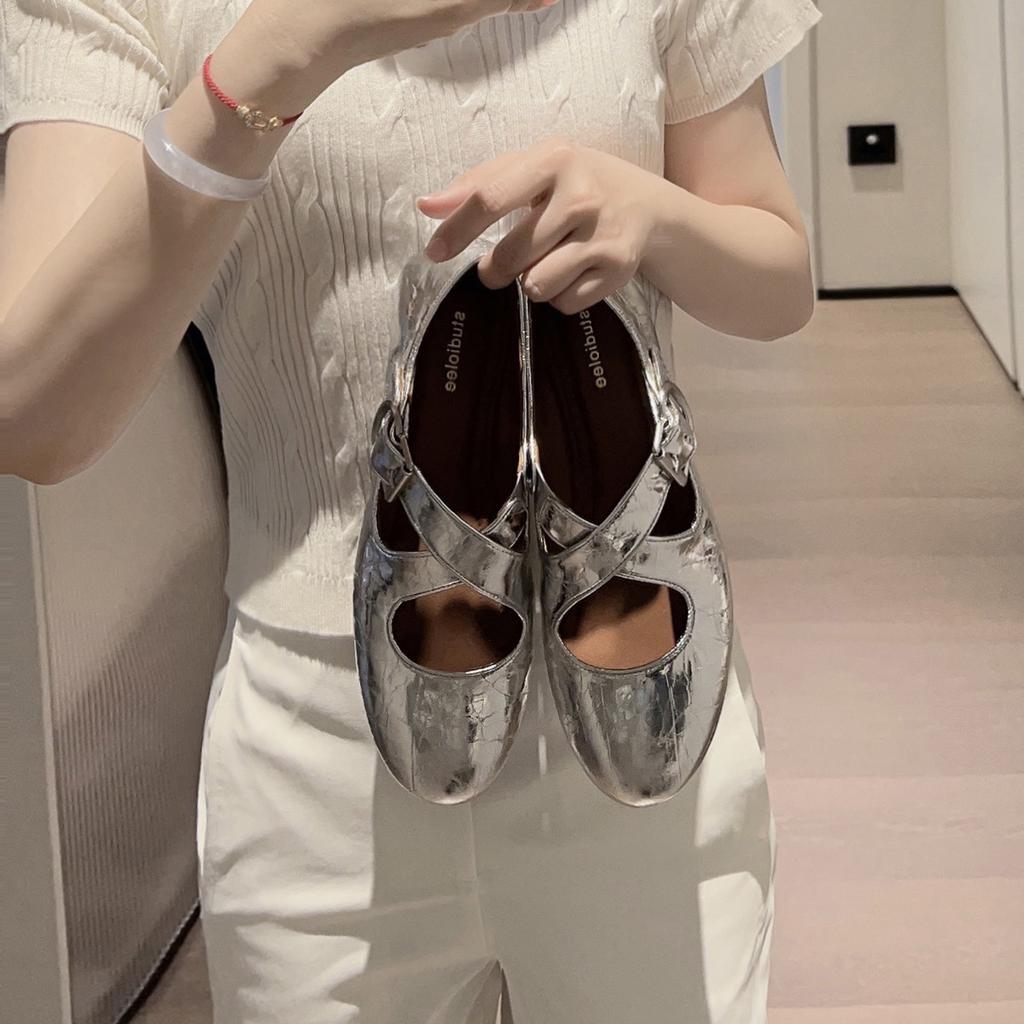 Studiolee Cross Strap Silver Round Head Soft Leather Mary Jane Women's Shoes Light Mouth Flat Shoes