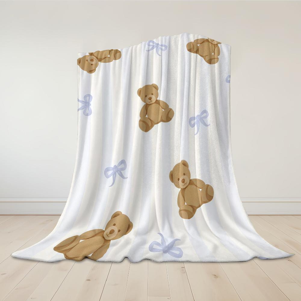 Teddy Bears with Blue Stripes Flannel Blanket Warm Soft Halloween Christmas Couch Warm Cozy Decorative Decor Gift for All Season
