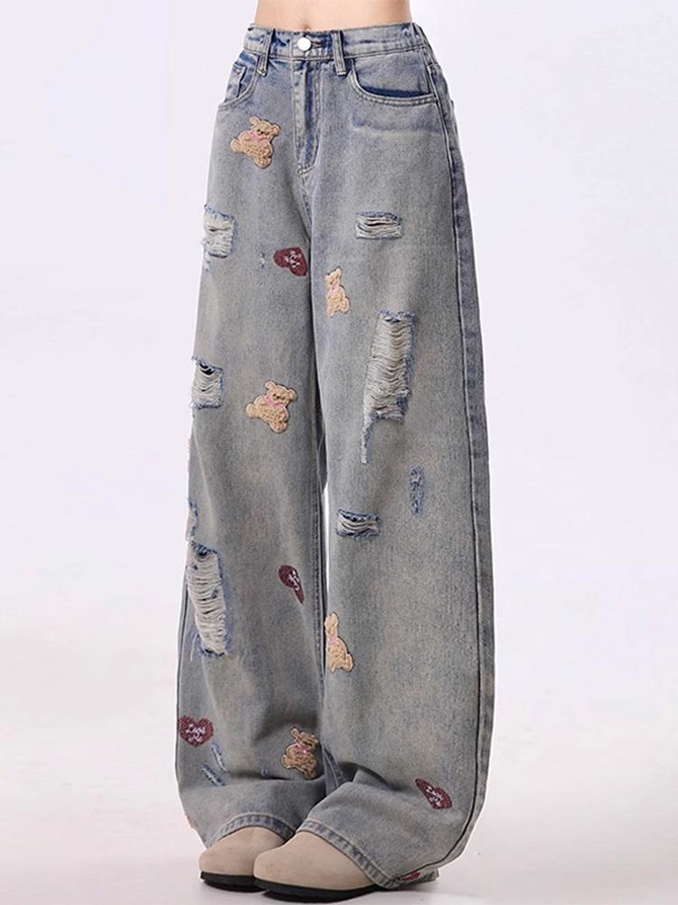 Women's Retro High-Waisted Embroidered Ripped Jeans - Autumn Collection, Comfortable Slim Fit, Loose Wide-Leg.