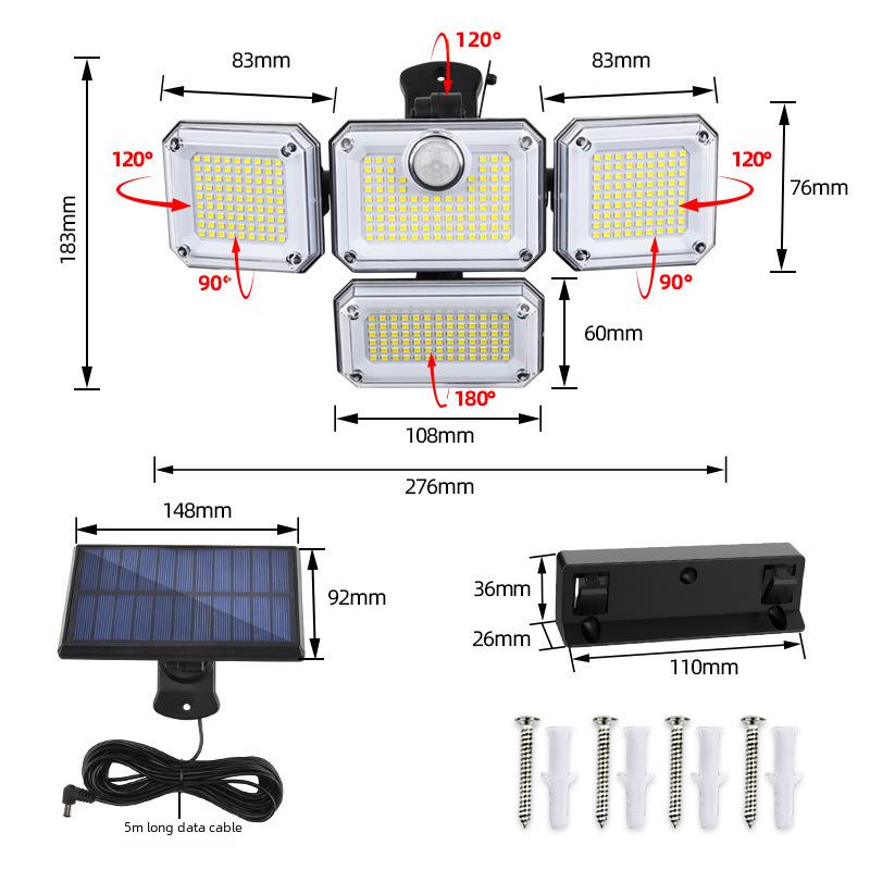 Trehodet 333 LED Solcelle Hagevegglampe med Bevegelsessensor