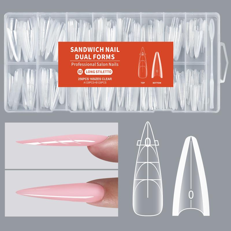 [JN] 256pcs Sandwich Dual Nail Form For Nail Extension Almond Coffin 16 Size Reusable Top Bottom Form Nail Art Extension Tool