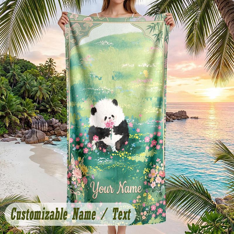 Panda Bamboo Forest Adventure Theme Quick Dry Beach Towel Custom Name Text Print Large Sand Resistant Towel Beach Vacation