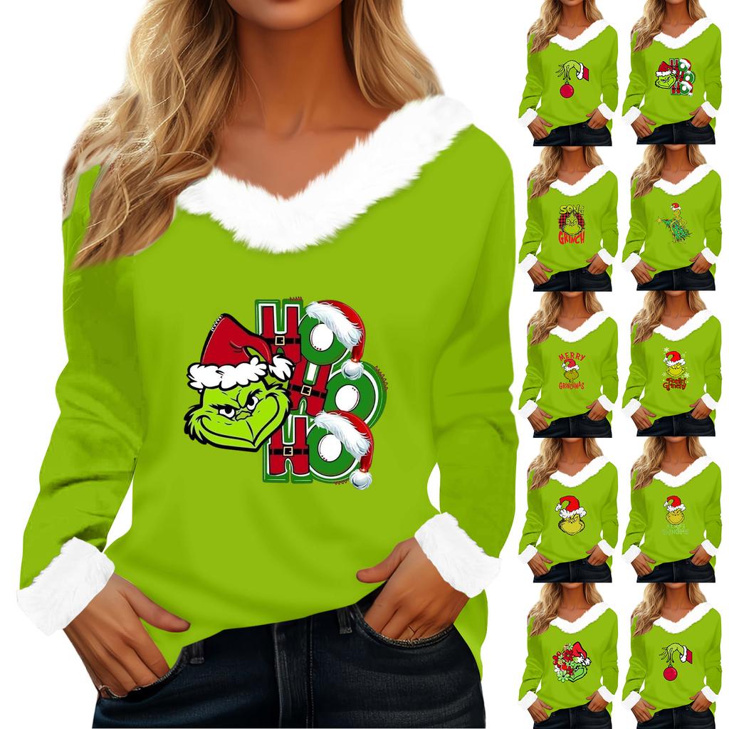 Women's T Shirt Tee Christmas Shirt Long Sleeve Party Christmas Print Fleece Collar V Neck Top