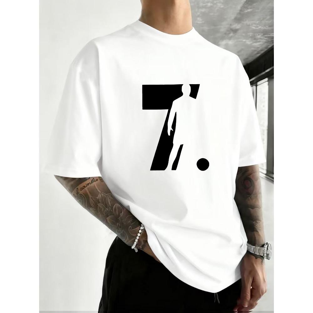 Men's Fashionable and Casual Loose Short Sleeved T-shirt 7 Football Printed Round Neck Summer Men Top