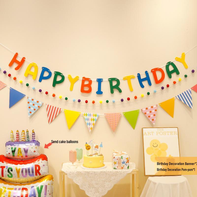 First Birthday Party Hanging Decoration: Happy Birthday Banner with Pom Poms and Bunting for Kids.