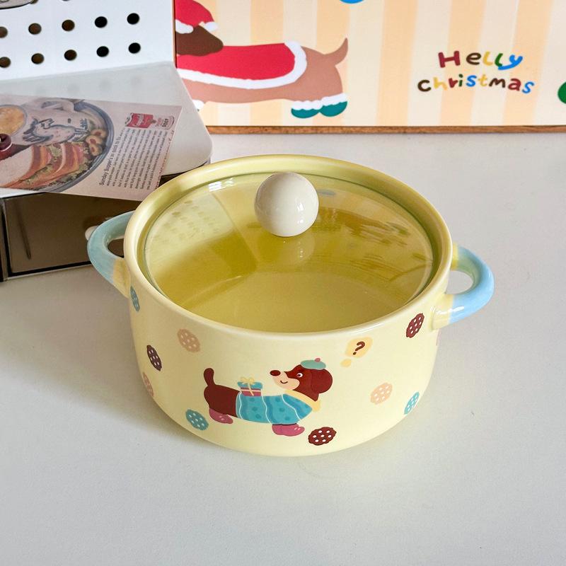 Ins süßer Wurstwelpe Keramik Instant-Nudel-Schüssel mit Deckel binaurale Schneckenpulver-Schüssel Geburtstagsgeschenk für Mädchen Souvenir