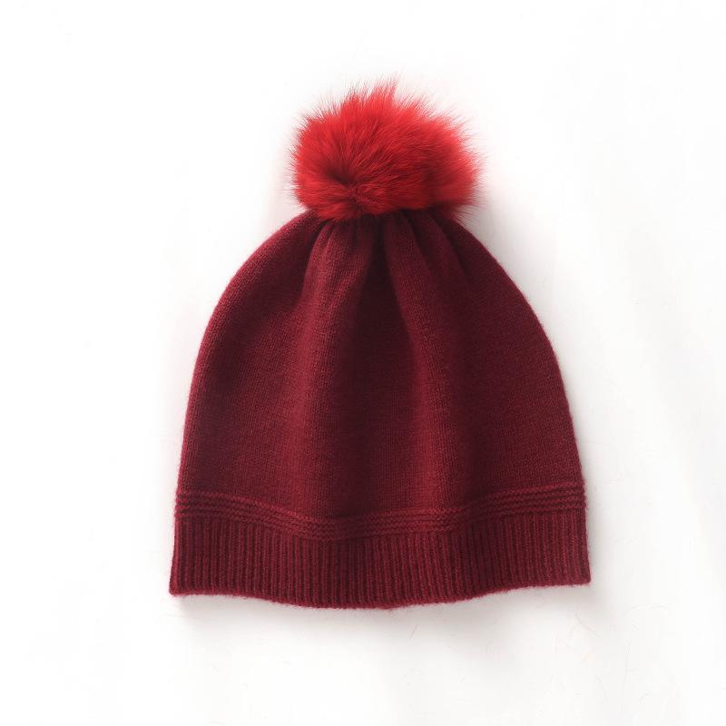 Women's Winter Cashmere Hat with Fox Fur Pom-Pom, Knitted Wool Ear Protection, Slimming and Warm Postpartum Design