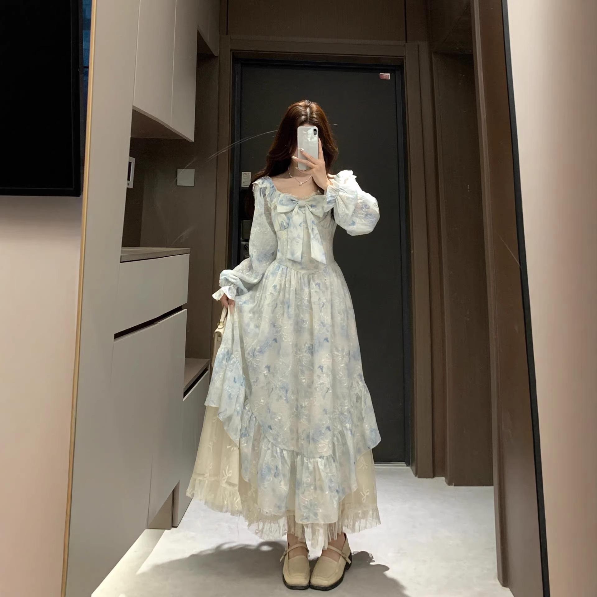 

Women s Plus Size Patchwork Lace Embroidered A-line Long Dress for Spring 4XL синий/алмаз