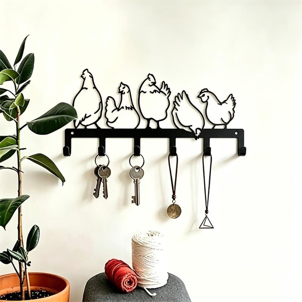 Five Hen Silhouette Wall Hanging Key Holder Vintage Clothes Storage Rack Rural Farmhouse