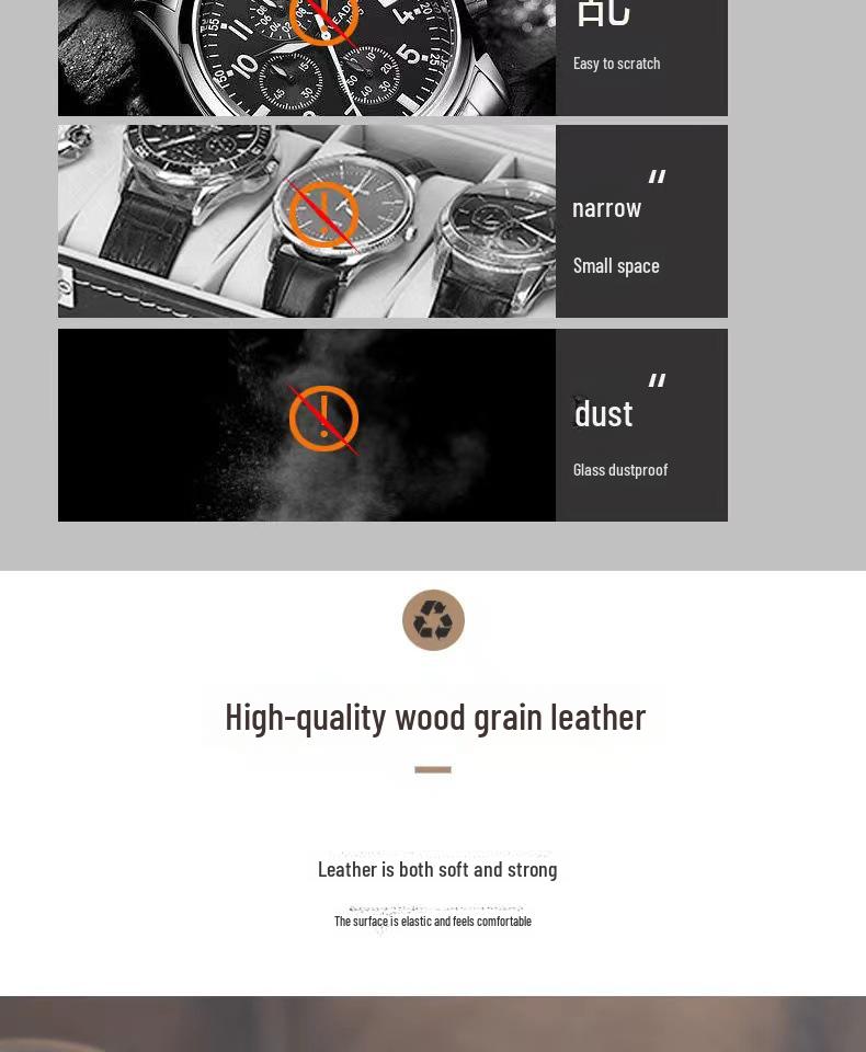 Dustproof Wood Grain Leather Jewelry Watch Box with Glass Display Top