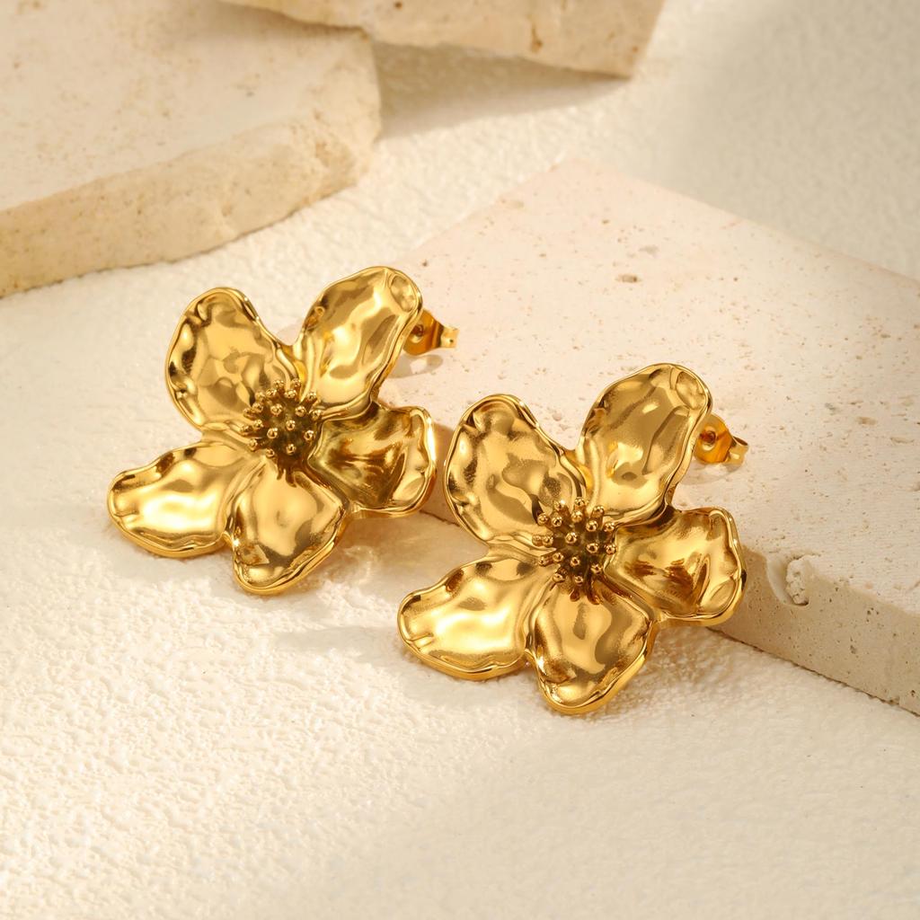 Flower Earrings Studs for Women Nickel Free, Chunky Stainless Steel Personality Big Pearl Floral Stud Earring Christmas Gift