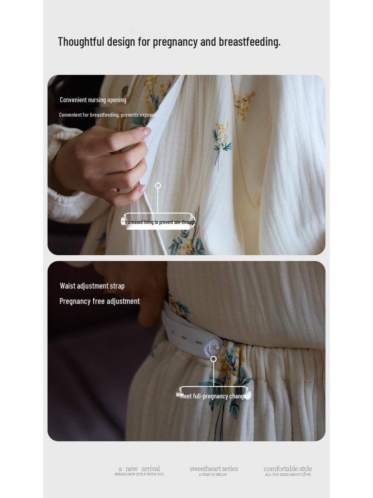 Silné bavlněné těhotenské pyžamo na jaro, podzim a zimu - Čtyřvrstvá gáza pro pohodlí v těhotenství, po porodu a při kojení