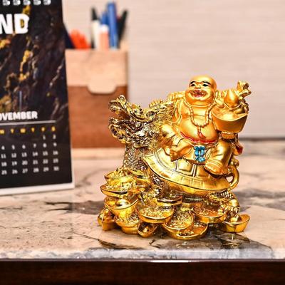 Showpieces for Home Decor – Golden Laughing Buddha On Dragon Tortoise with Ingot | 4.5-Inch Buddha for Good Luck, Wealth, Happiness