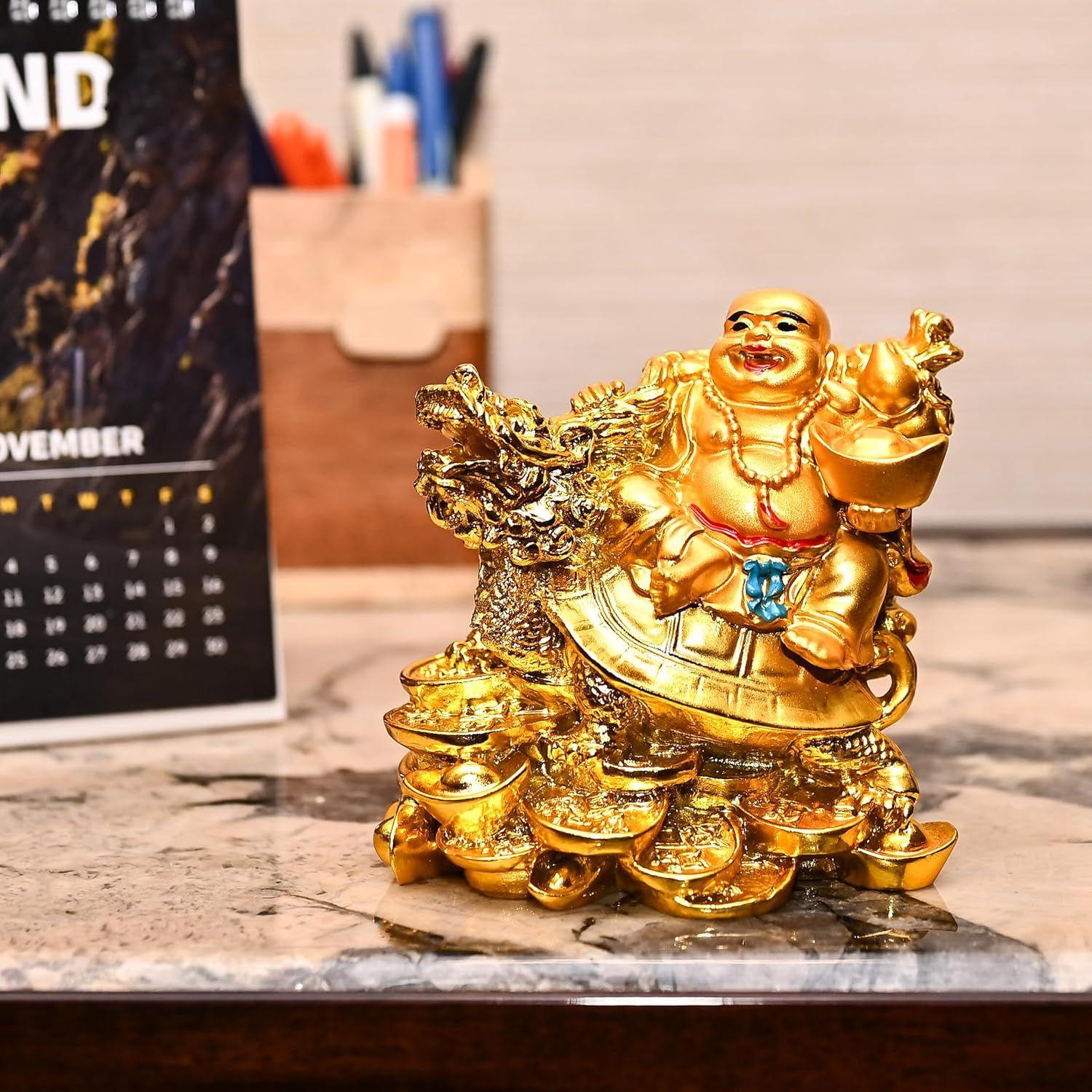 

Предметы интерьера – Золотой Смеющийся Будда на Драконовой Черепахе со Слитком | 4,5-дюймовый Будда для Удачи, Богатства, Счастья