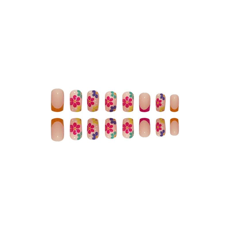 24pcs Press On Nails Spring Manicure Simple Chinese Square Shape Pure Desire Colorful Flowers Small Fresh Pink Transparent Manicure Wearable Patch