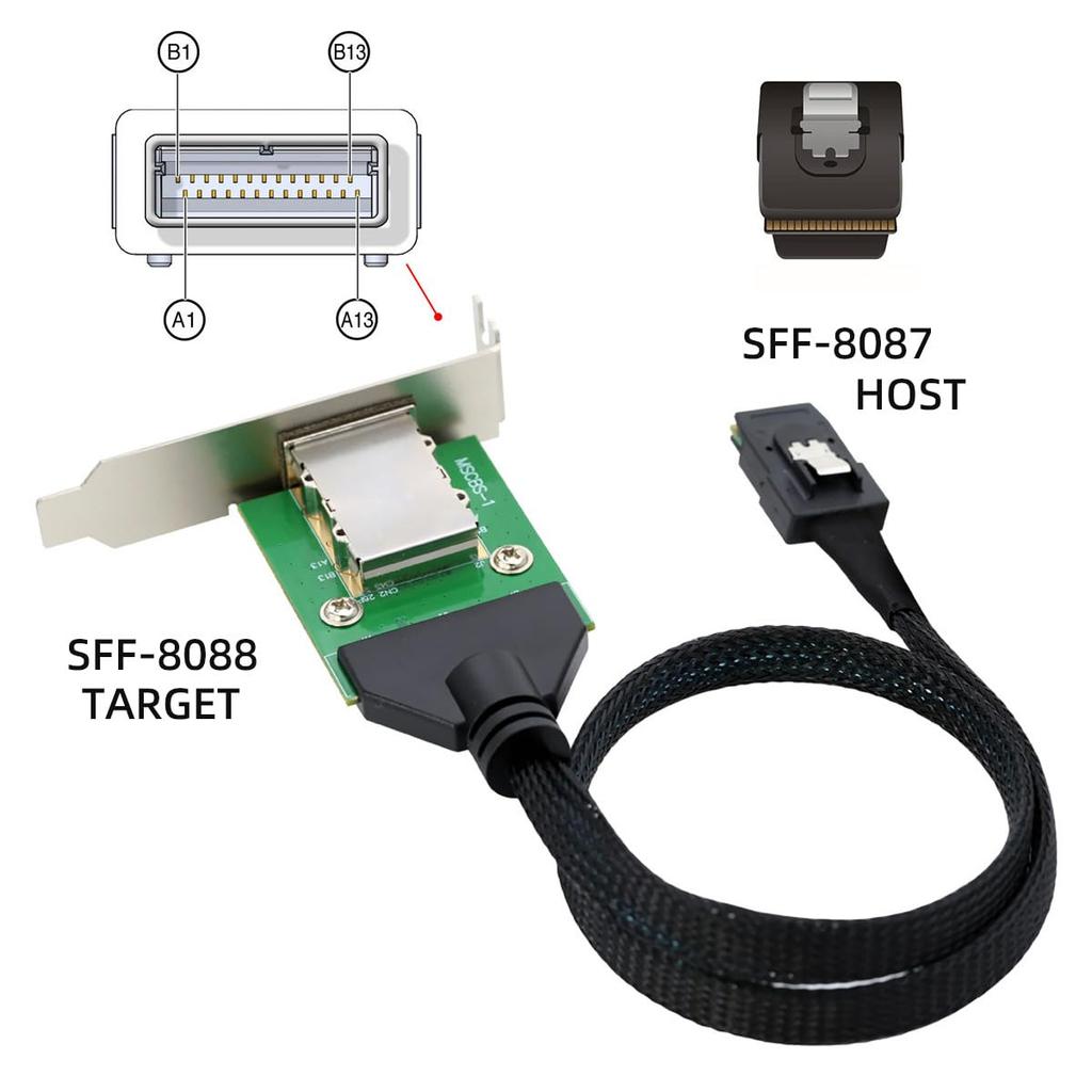 Cablecc Mini SAS Male To Female External Extension Internal Cable with PCBA Low Profile SFF-8087 SFF-8088 Bracket, 50cm, SF-083-36PIN-CC