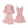 Sexy Pure Desire Lace Pajama Set: Solid Color Slip Dress with Tie-Up Morning Robe