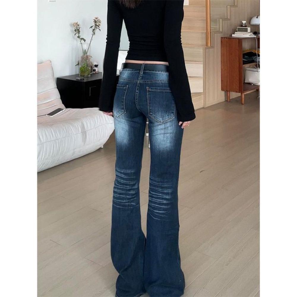 Women's High Waist Flare Jeans Slim Fit Stretch Vintage Blue Sand Wash Denim Trousers