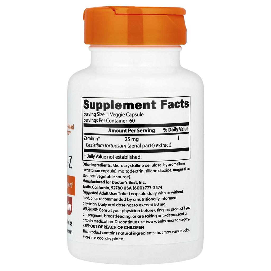 Doctor'S Best, Calm-Z with Zembrin, 25 Mg, 60 Veggie Caps