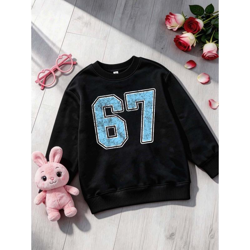 Birthday Kids Sweatshirt Over 4Y Unisex Boys Girls Vintage Distressed Blue Number 67 Graphic Crewneck Soft Fleece Pullover For 4-12 Years Old Children