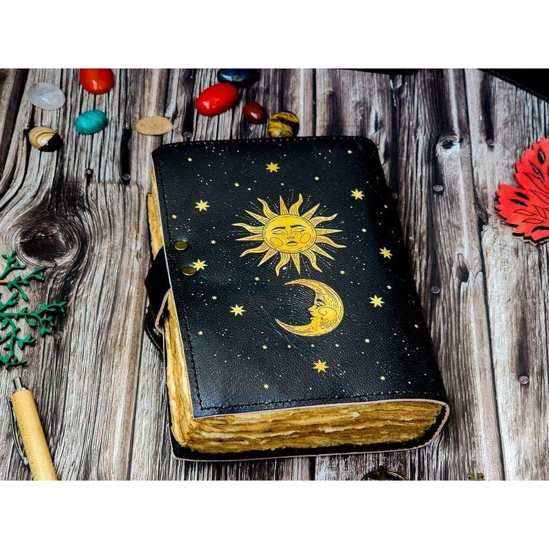 Kožený deník Slunce Měsíc, 200 stran papíru s trhanými okraji, Deník, Kožený zápisník, Ručně vyráběný deník, Vintage kniha pro muže a ženy