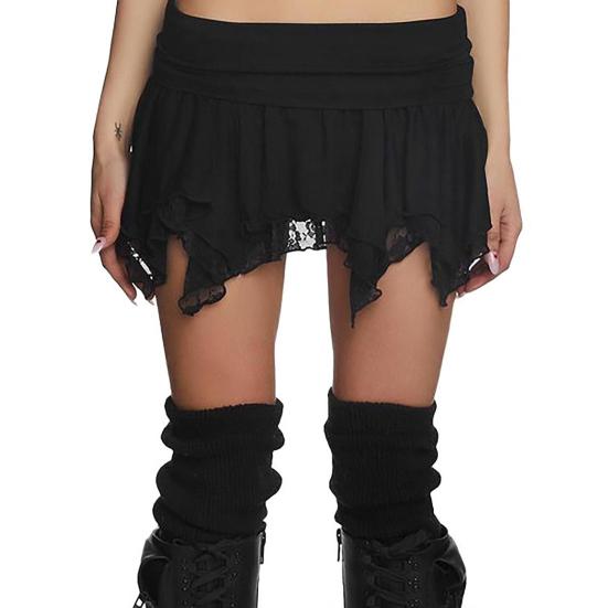 Women Lace Mini Skirt Low Waist Ruffle Asymmetrical Hem Short Skirt Sexy Lace Trim Solid Color Flowy Retro Fairy Aesthetic Skirt