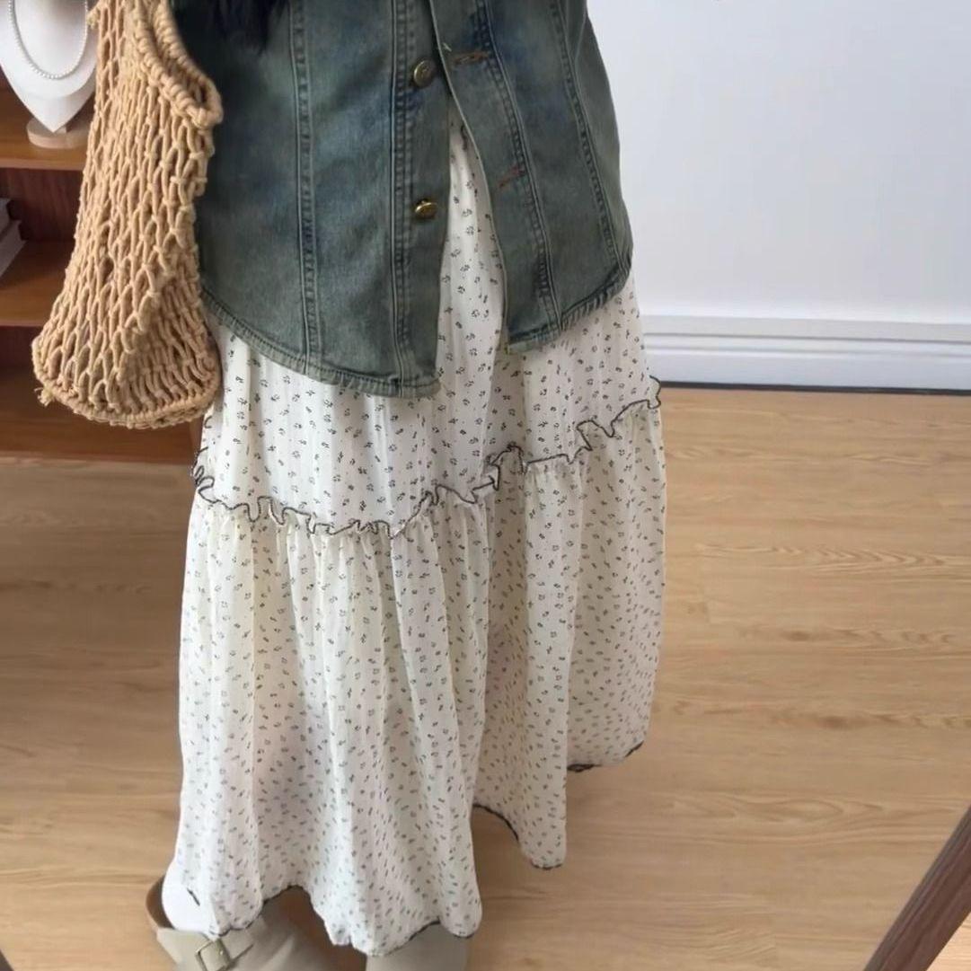 

Женская винтажная юбка макси А-силуэта абрикосового цвета с цветочным принтом и оборками - Летний девичий стиль, юбка средней длины L бежевый