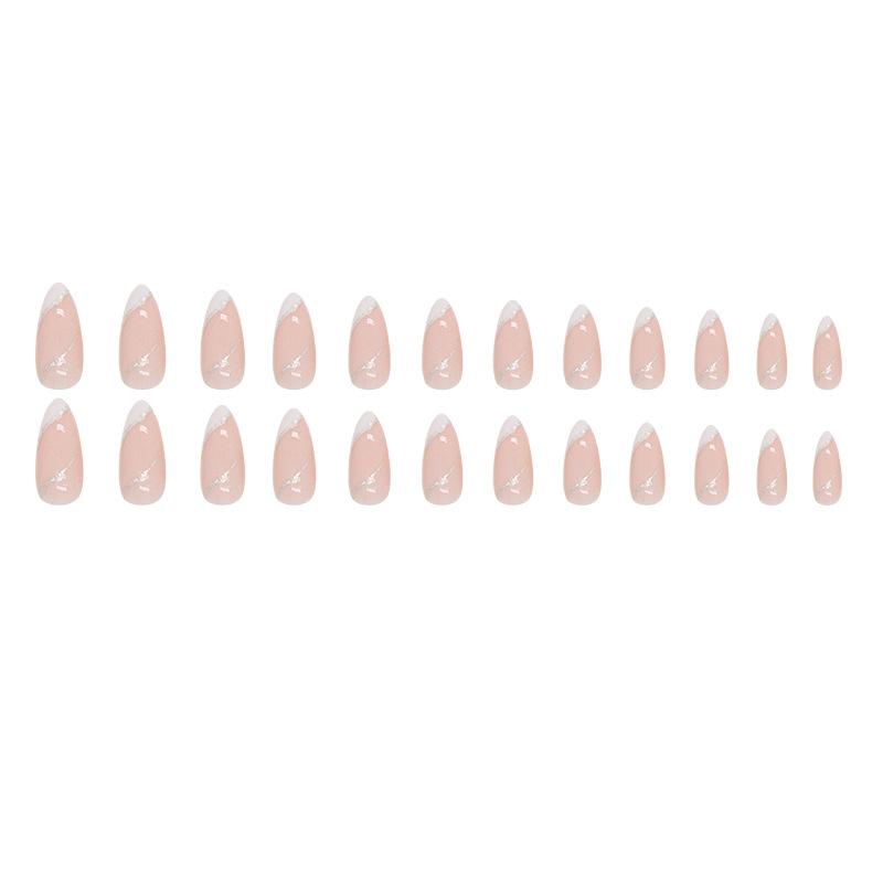 24 Pieces Almond Nail Pure Glitter Powder Beveled Edge French Sweet Girl Gentle Fake Nails Wear Nail Piece Nails