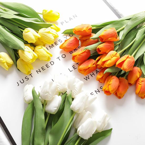 Artificial Tulip with Green Leaves Realistic Fake Flower Stem Wedding Party Table Centerpiece Indoor Outdoor Faux Bloom Decoration