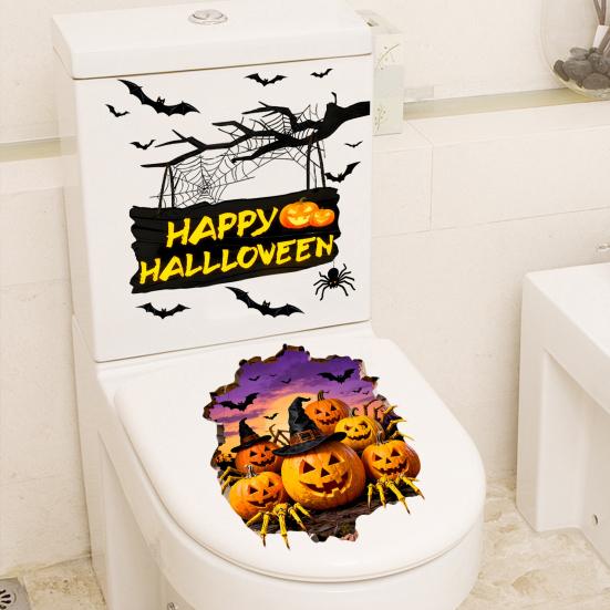 2Pcs Toilet Stickers, Halloween 3D Pumpkin & Bat Sticker, Waterproof Bathroom Decor, Removable Toilet Seat Cover Art, Residue-Free Wall Tile