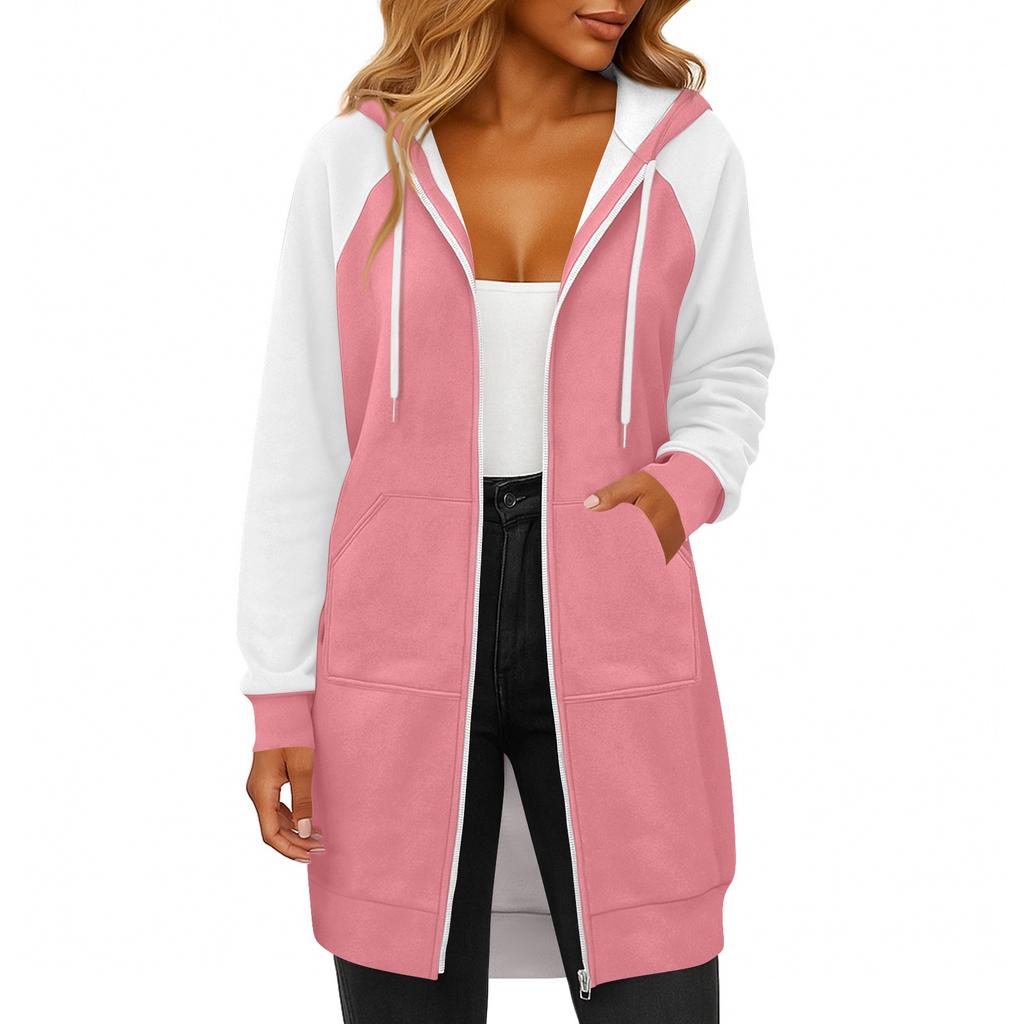 Women's Fashionable Color Blocked Long Sleeved Drawstring Hooded Zipper Pocket Long Casual Sweatshirt Jacket