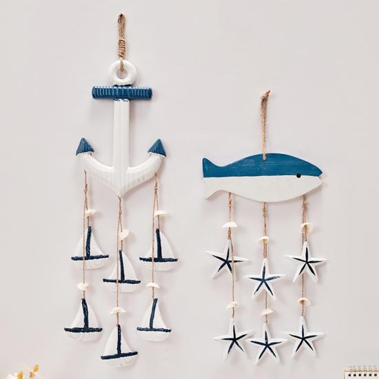 Rustic Ocean Windchime Coastal Beach Theme Wooden Hanging Decor with Hemp Rope for Indoor Outdoor Nautical Patio Garden Decor