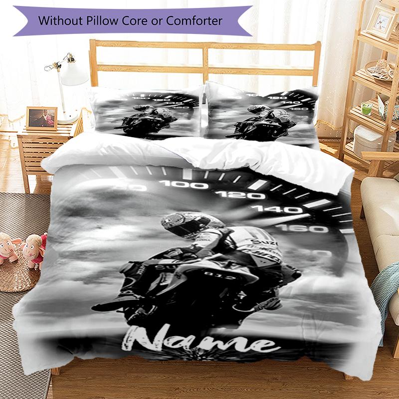 3pcs Custom Name Motorcycle Bedding Set Duvet Cover Closure Includes 1 Duvet Cover & 2 Pillowcases, Soft and Comfortable for All Seasons.
