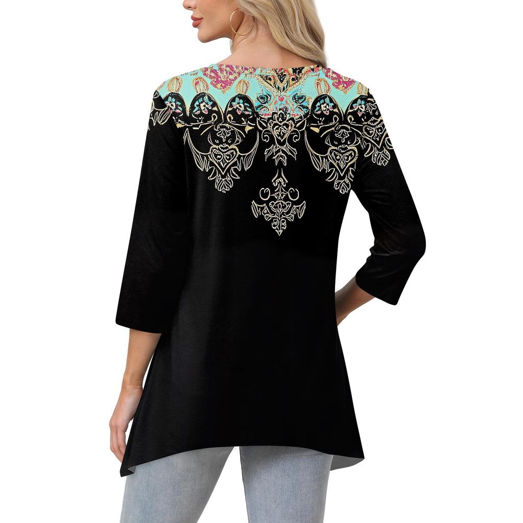 Dámské topy s výstřihem do V a 3/4 rukávem, ležérní košile střední délky, módní tuniky s potiskem