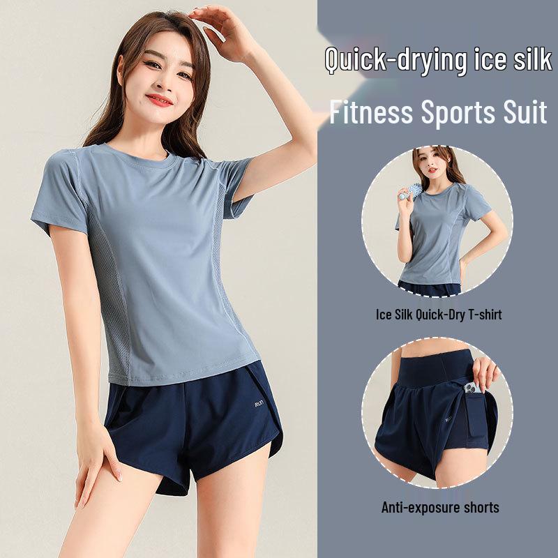 Women's 2025 Ice Silk Quick-Dry Sports Set: Short-Sleeve Top & Shorts for Running, Gym, Yoga