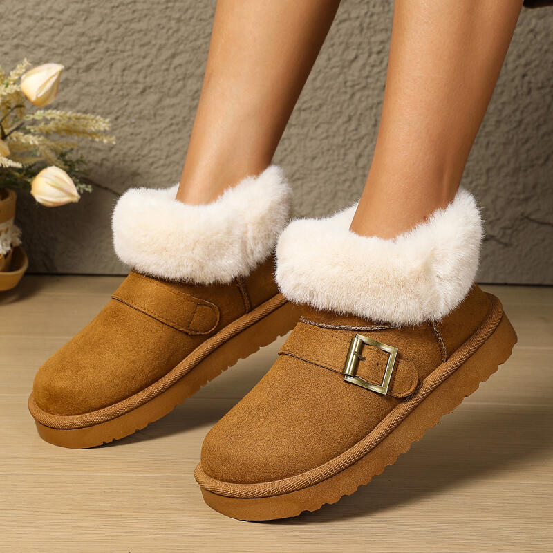 Fashion Luxury Metal Buckle Decoration Faux Fur Snow Boots Women 2025 Winter Soft Thick Bottom Ankle Booties Warm Short Plush Boots