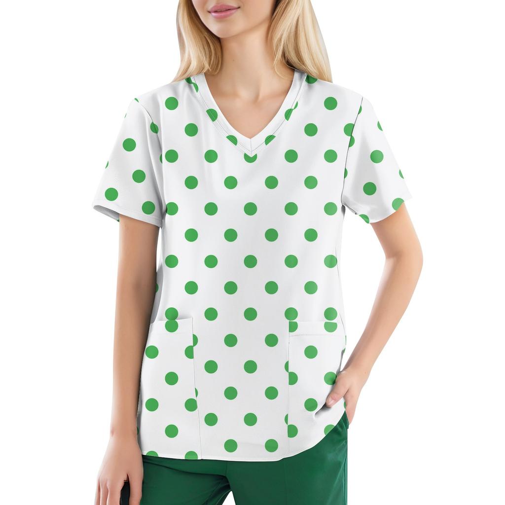 Plus Size Printed Scrub Working Uniform Tops For Women's V-Neck Short Sleeve Fun T-Shirts Workwear Tee With Pockets