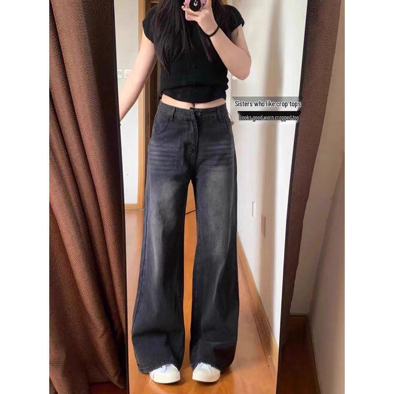 Damen Übergröße Schwarze High Waist Jeans mit weitem Bein für Frühling/Herbst