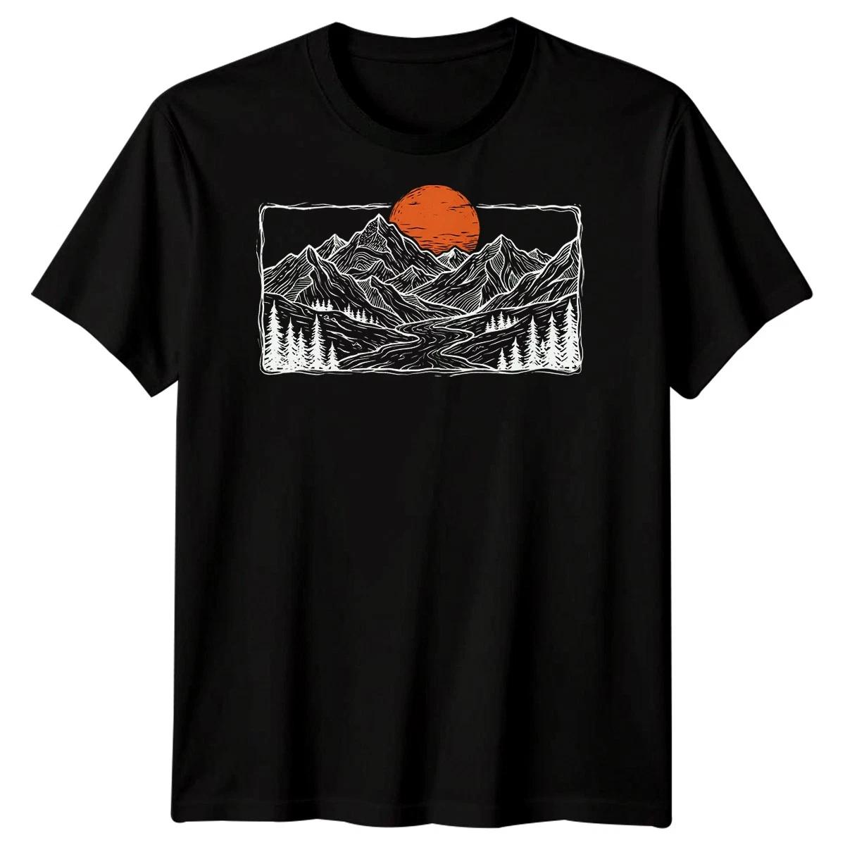 Mountain Scenery Hiking Outdoors Mens T-Shirt Vintage Woodcut Landscape Tee S