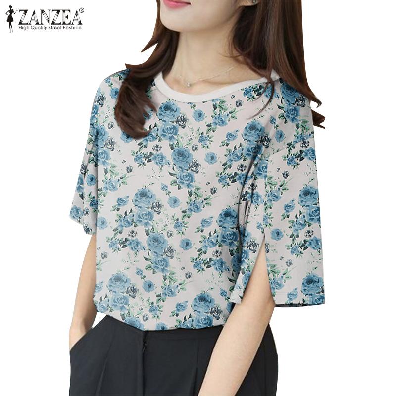

ZANZEA Женская летняя блузка с круглым вырезом и половиной рукавов с цветочным принтом