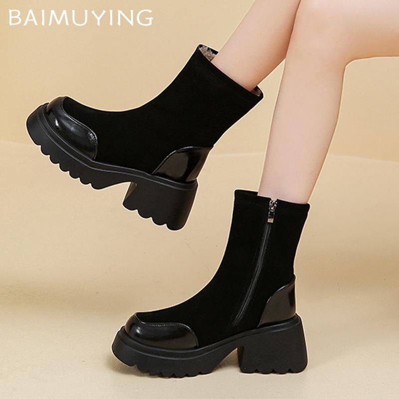 Plateau Damen Stiefeletten Hohe Absätze Lederschuhe Frau 2025 Trend Winter Designer Marke Gemütlich Warm Punk Motorradstiefel Femme