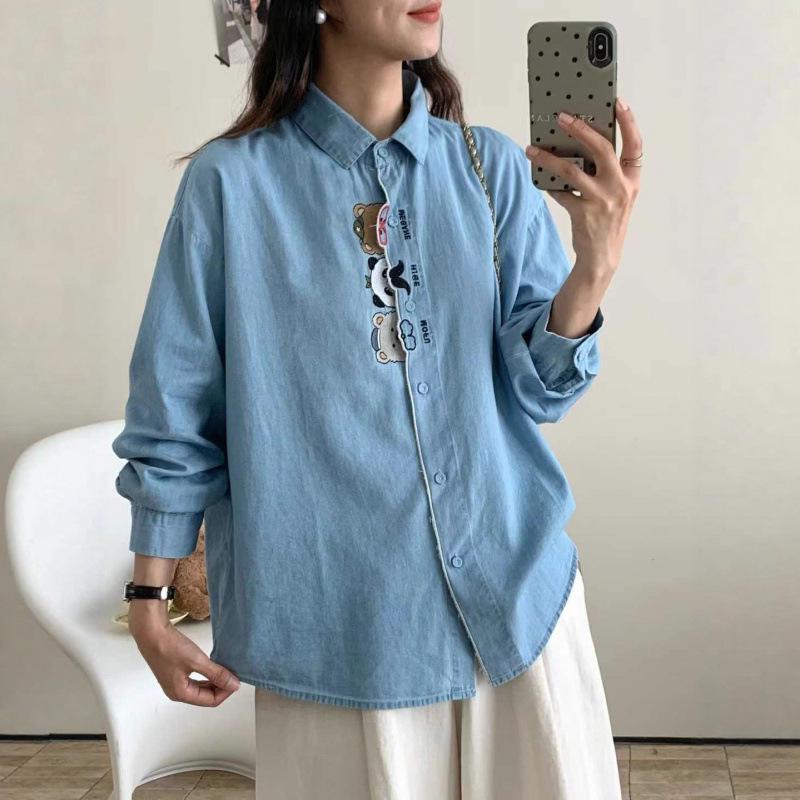 Women's Retro Cartoon Embroidered Cotton Denim Shirt - Long Sleeve, Casual Top for Spring/Autumn 2025