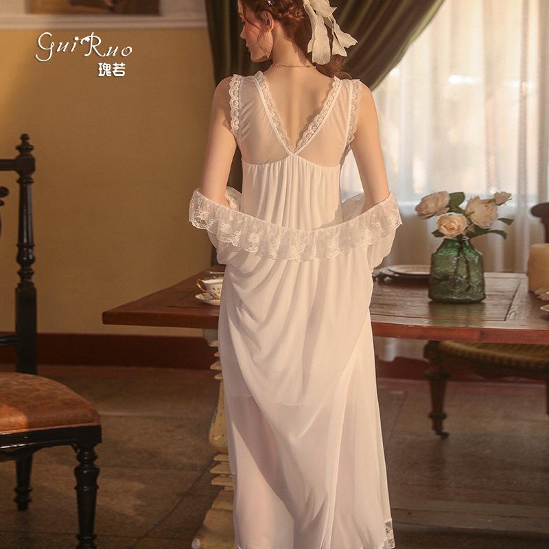 Women's Lace Padded Backless Sleep Dress with Mesh Robe Lounge Set