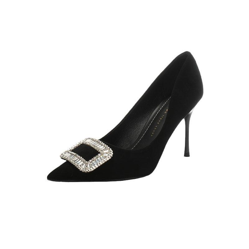Light luxury rhinestone black high heels women's 2025 autumn new temperament pointed tip thin heels not tired feet single shoes women