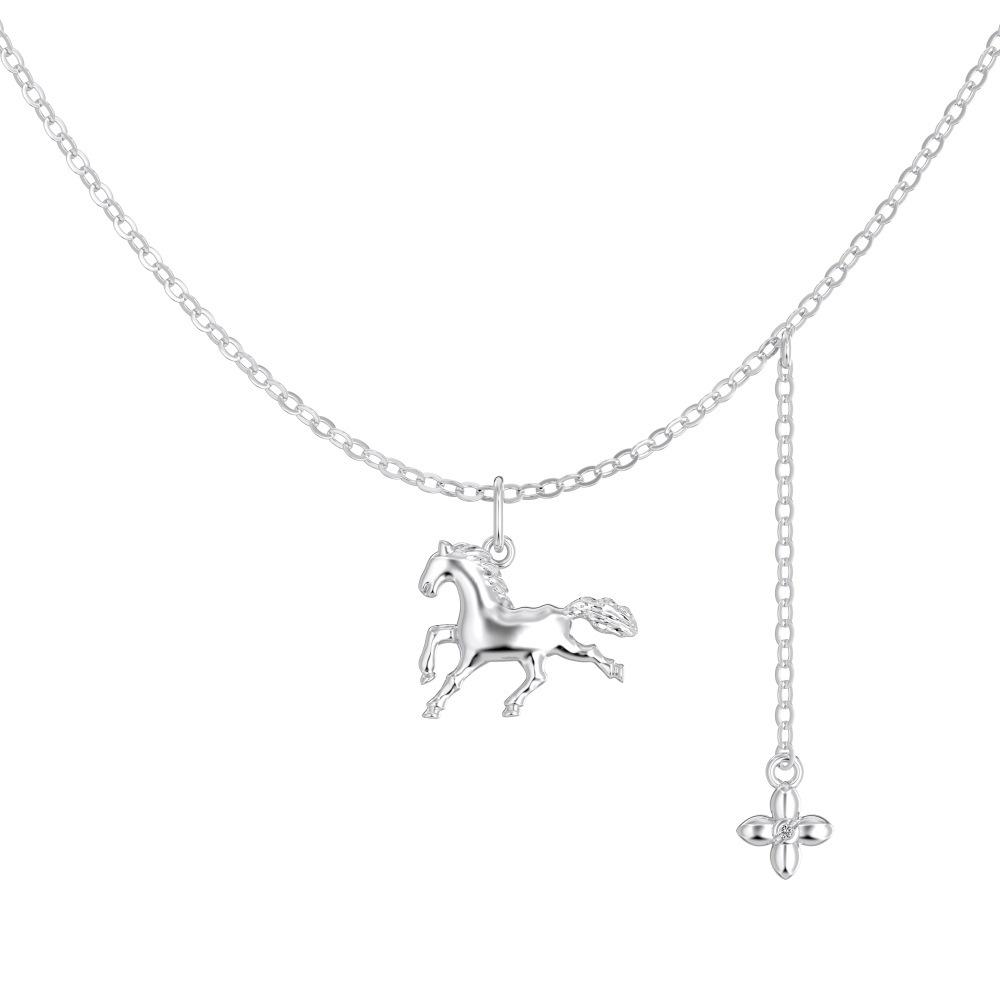 

Sterling Silver S925 Necklace with Galloping Horse Pendant, Valentine s Day Gift for Women, Collarbone Chain. S925 Silver