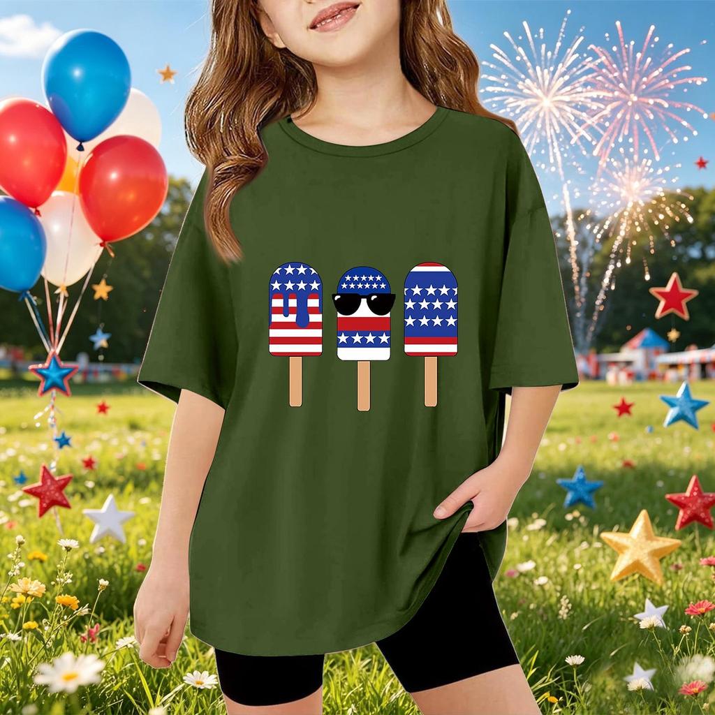 Kids Short Sleeve T Shirt Independence Day Printed Top Casual Fit Lightweight Tee for Boys and Girls Summer Wear