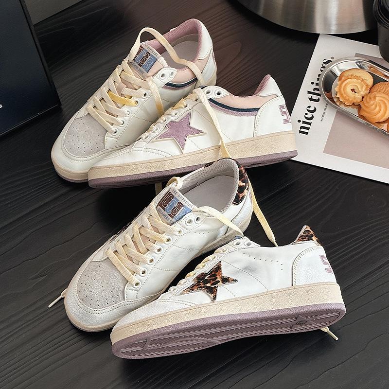 Women's Retro Patchwork Distressed Star Sneakers - Spring 2025, Casual Lace-Up Flat White Shoes