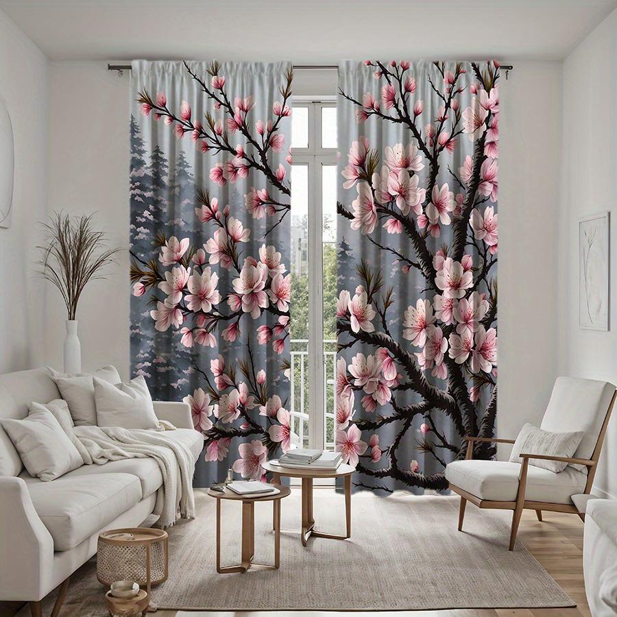 2pcs Cherry Blossom Print Curtains - Light Filtering, Rod Pocket Design, Polyester Microfiber, Floral Pattern for Living Room &