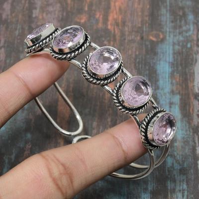 Bracelet manchette en argent sterling 925 massif fait à la main avec pierre précieuse Kunzite rose réglable