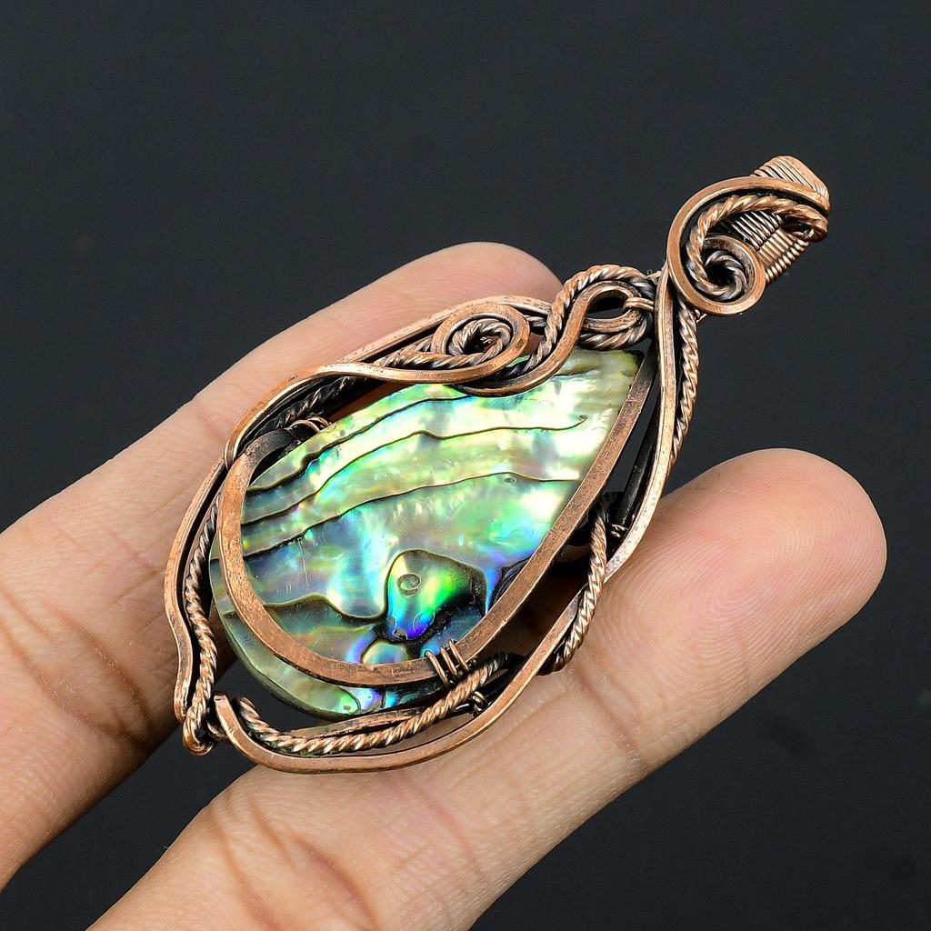 Abalone Shell 999 Copper Wire Wrapped Pendant, Handmade Gemstone Pendant Jewelry, Gifts For Wife Brand New Pendant